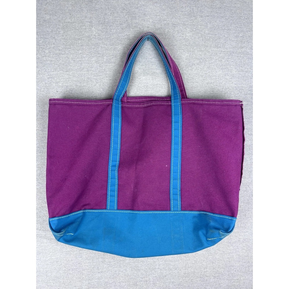 Vintage LL Bean Boat and Tote Bag Purple Teal Canvas USA Made Large Monogram MEM